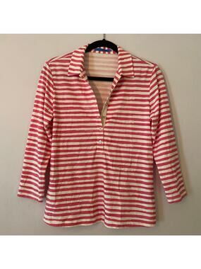 J. McLaughlin Pink White Stripe Catalina Cloth 3/4 Sleeve Henley Blouse Small
